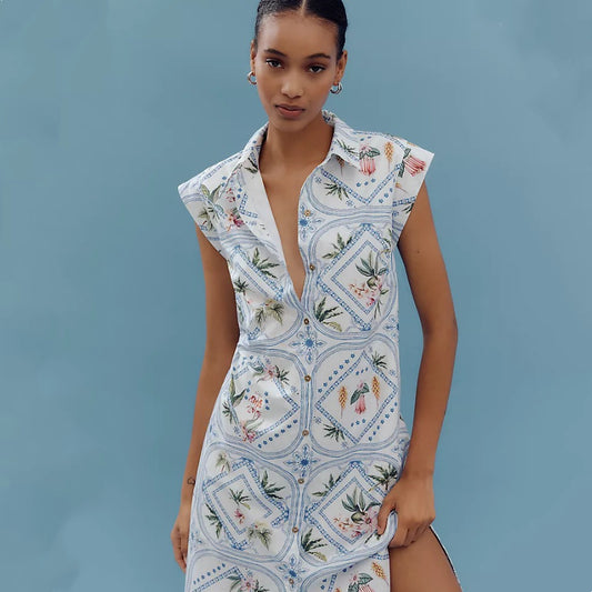 Robe midi vintage boutonnée à manches courtes