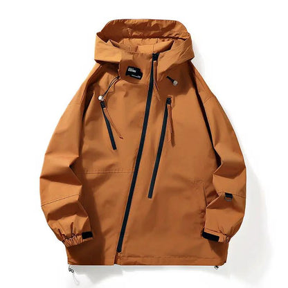 Mens workwear jacket in orange-brown with black zippers, hood, multiple zip pockets, AdTec brand.