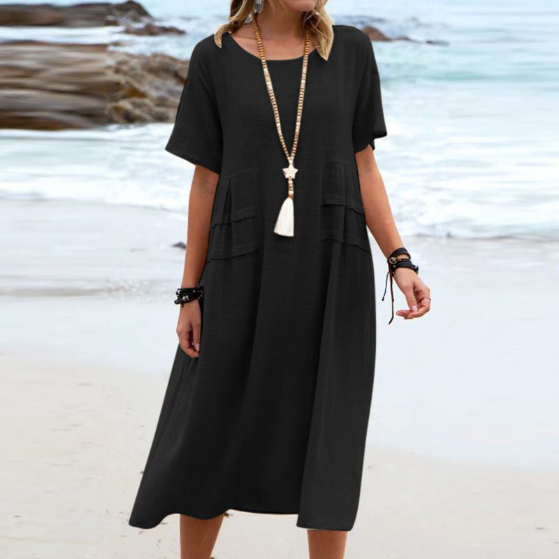 Vestido Midi Suelto Casual de Verano para Mujer de Lino y Algodón Transpirable de Manga Corta Vestidos de Longitud Media Vestido Sencillo de Playa para Mujer