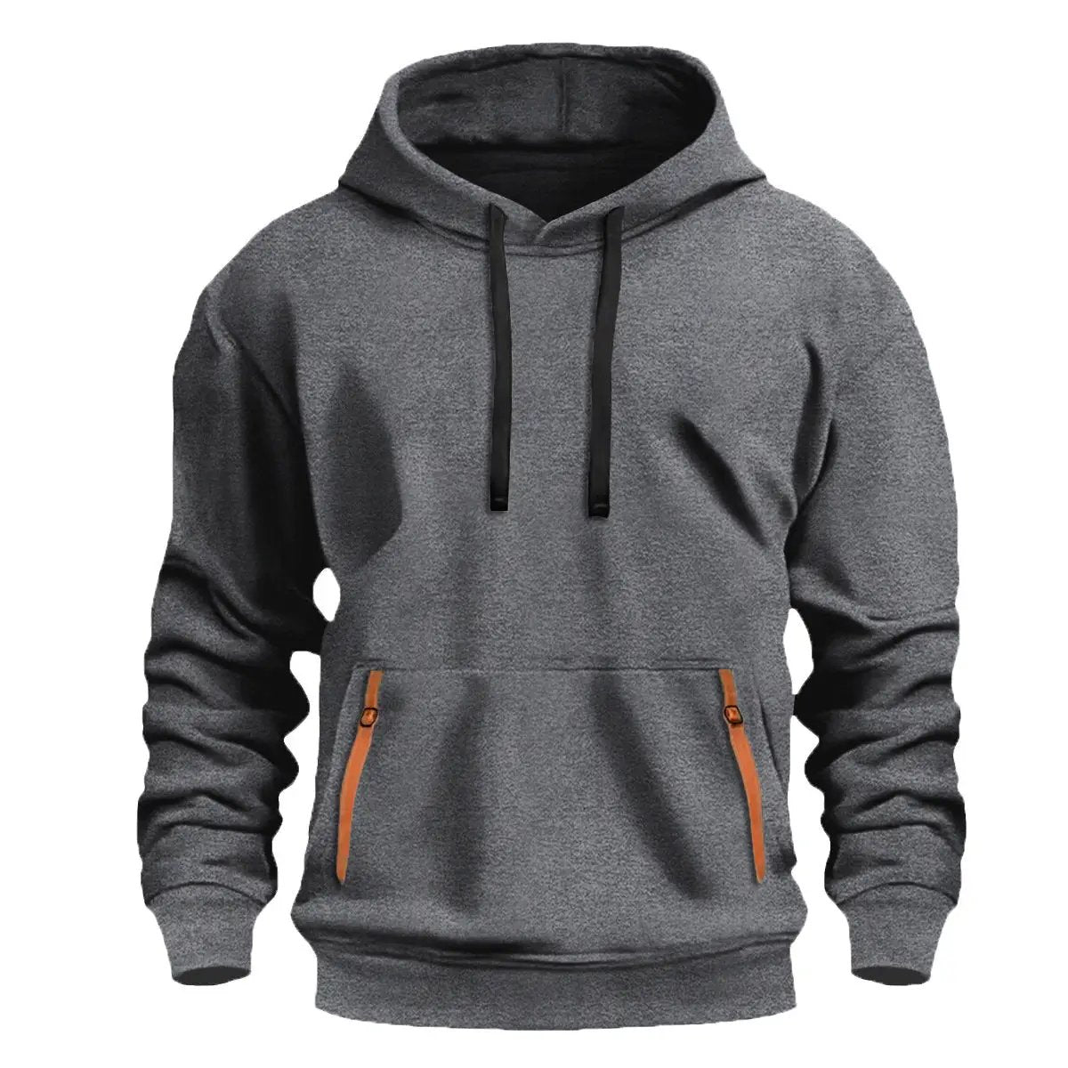 New Fallwinter Mens fleece-lined hoodie in gray with black drawstrings and orange zippered pockets