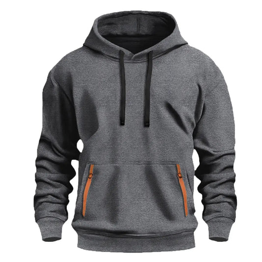 New Fallwinter Mens fleece-lined hoodie in gray with black drawstrings and orange zippered pockets