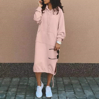 Sudadera larga casual con capucha, manga larga, bolsillo, cordón de ajuste, ropa de mujer