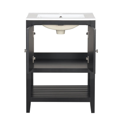 24" Black Modern Sleek Bathroom Vanity Elegant Ceramic Sink with Solid Wood Frame Open Style Shelf by eprolo