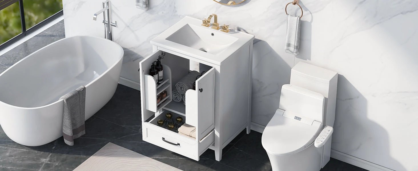 24" Bathroom Vanity with Sink, Bathroom Vanity Cabinet with One Drawer and Doors, Solid Wood and MDF, White by eprolo