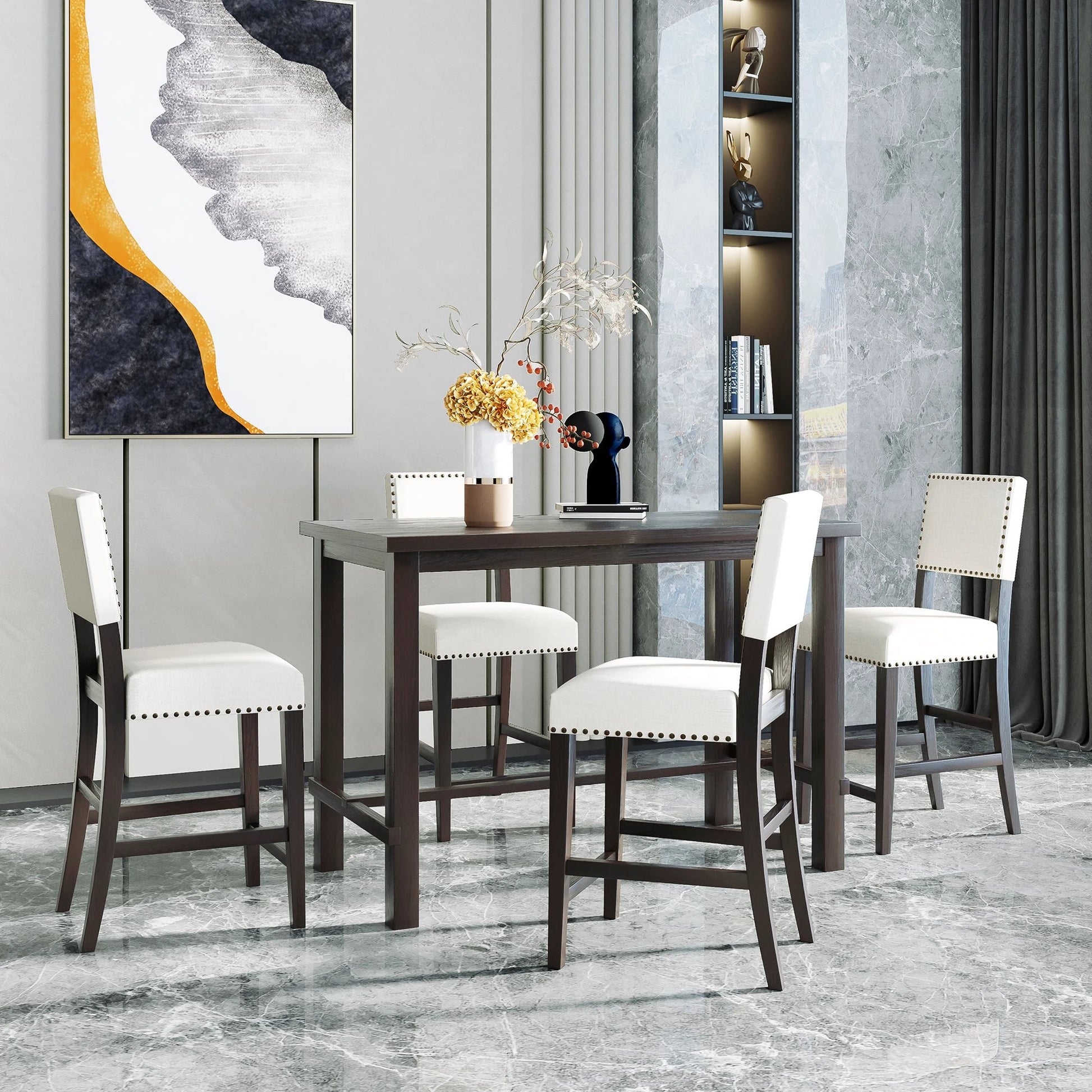 TREXM 5-Piece Counter Height Dining Set, Classic Elegant Table and 4 Chairs in Espresso and Beige by eprolo