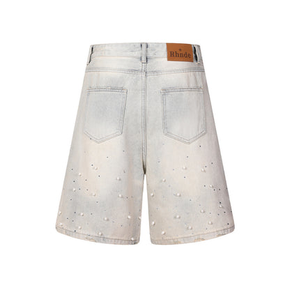 Short en jean imprimé perles avec marquage à chaud
