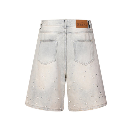 Short en jean imprimé perles avec marquage à chaud