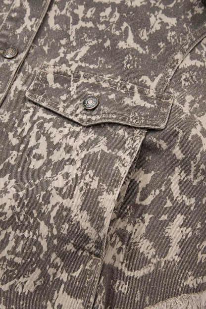 Abstract Print Long Sleeve Denim Jacket in gray-beige with raw hem and metal buttons