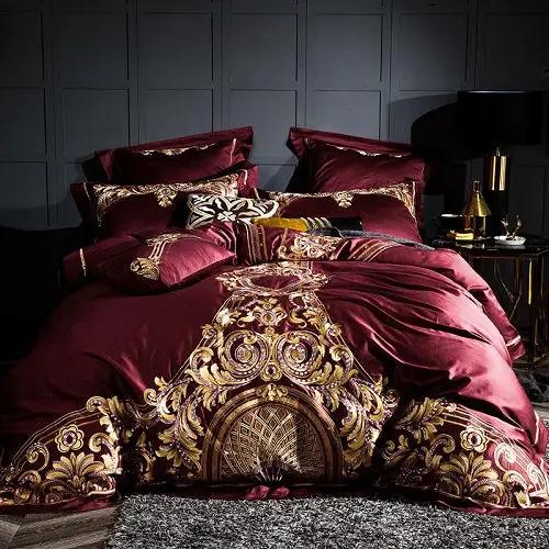 Embroidered Chinese cotton quilt cover bedding set in burgundy with gold embroidery, AdTec