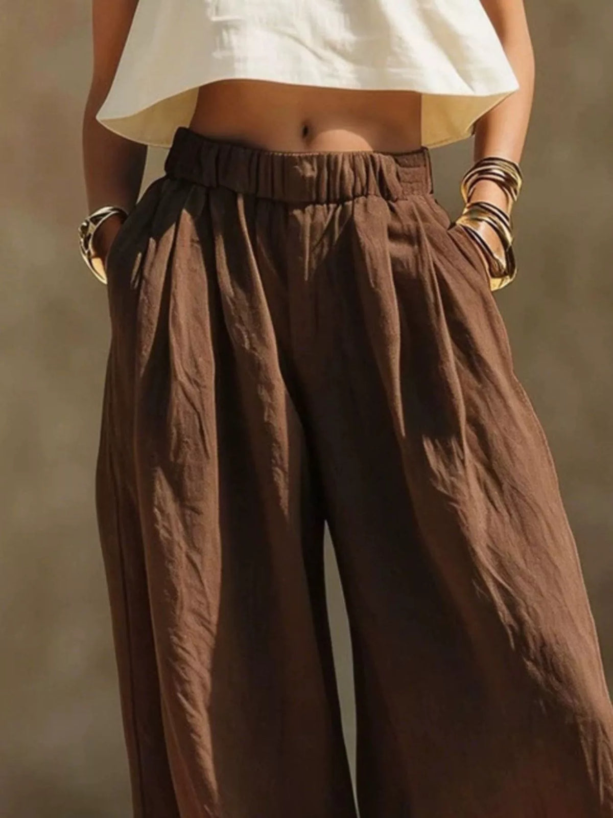 Full Size Elastic Waistband Wide Leg Pants Plus Size, brown Palazzo pants with drawstring and pockets