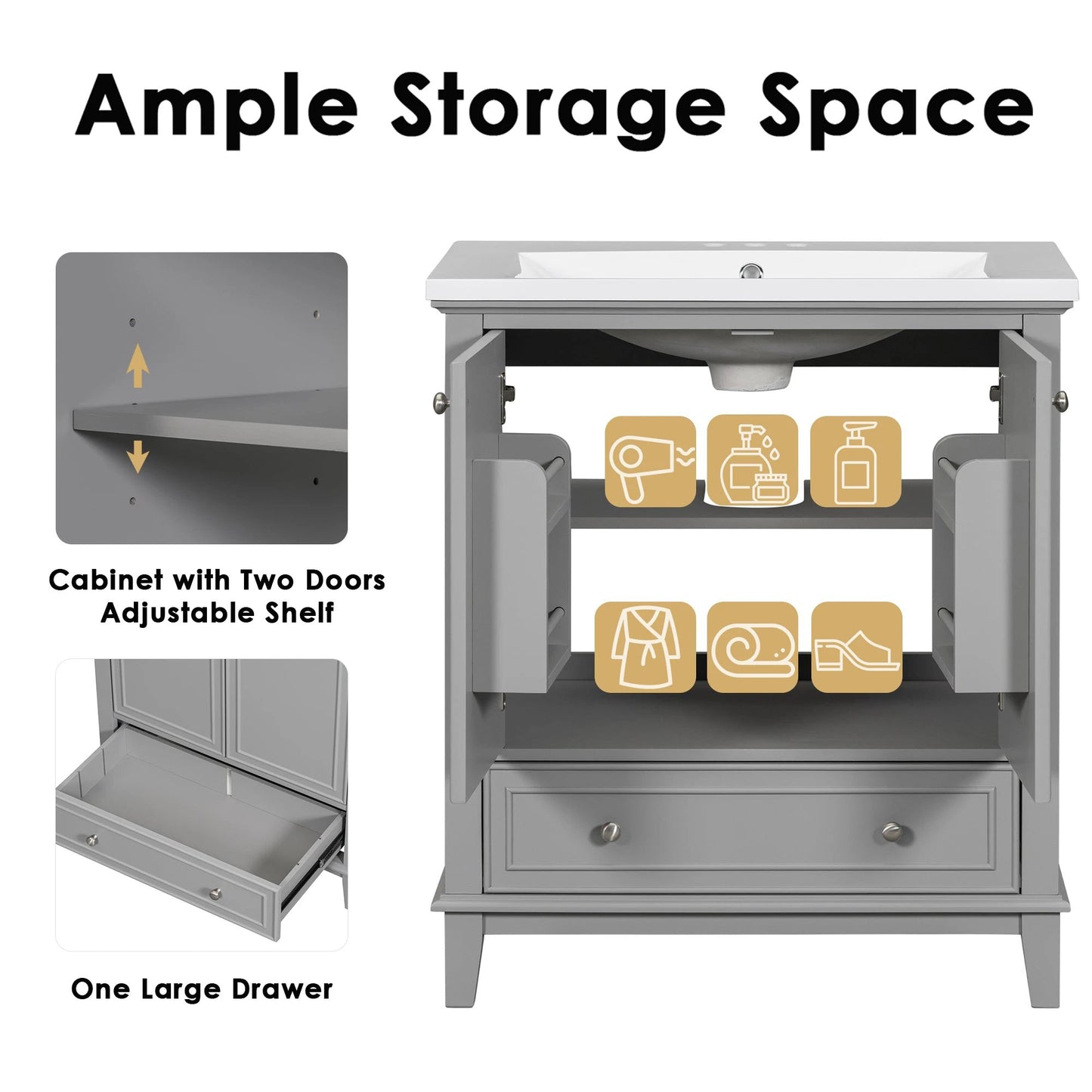 30inchgrey Bathroom Vanity with Sink ComboMulti-functional Bathroom Cabinet with Doors and Drawer Solid Frame and MDF Board by eprolo