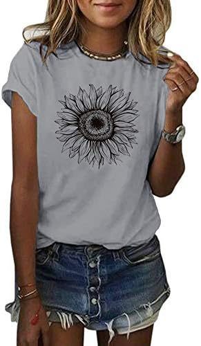 Camiseta de manga corta para mujer con estampado de girasol, top holgado de verano