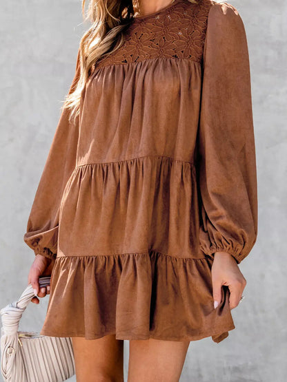 Floral lace crochet tiered ruffled mini dress in rust brown with long puff sleeves