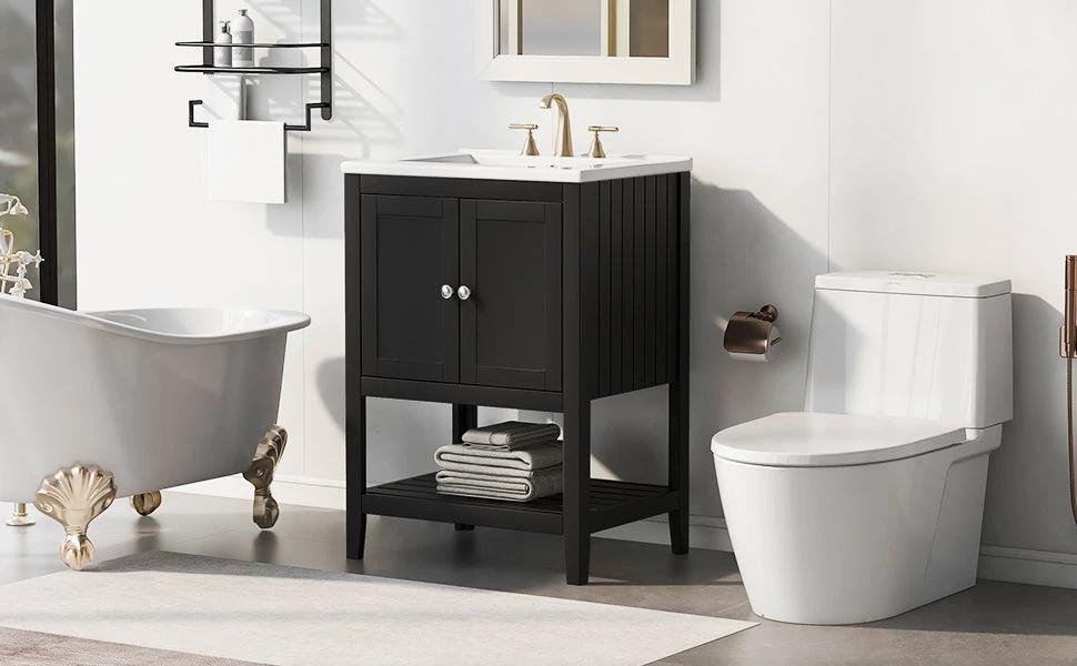 24" Black Modern Sleek Bathroom Vanity Elegant Ceramic Sink with Solid Wood Frame Open Style Shelf by eprolo