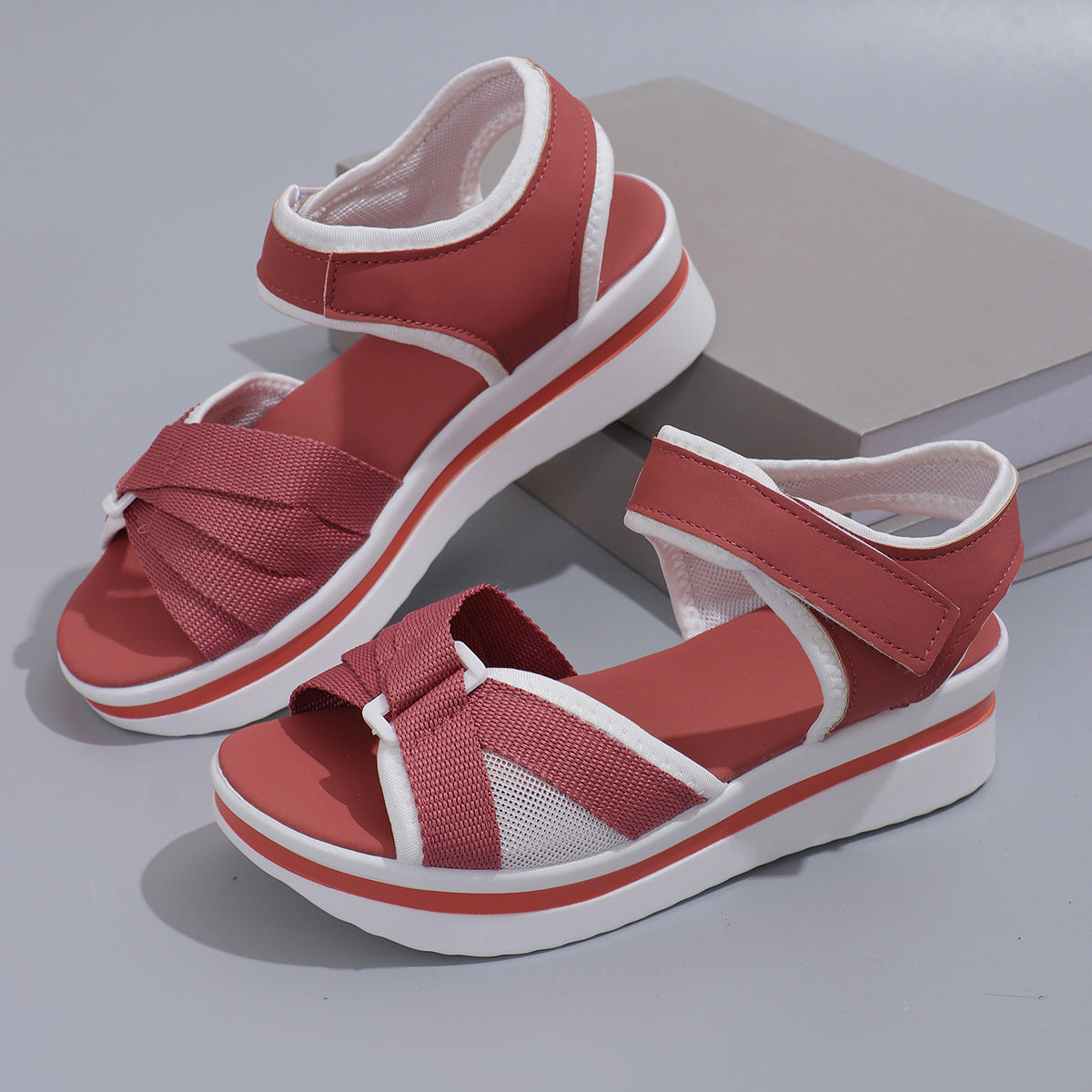 Summer mesh cross-strap sandals with Velcro for women, AdTec brand, pink-red color with a thick white sole