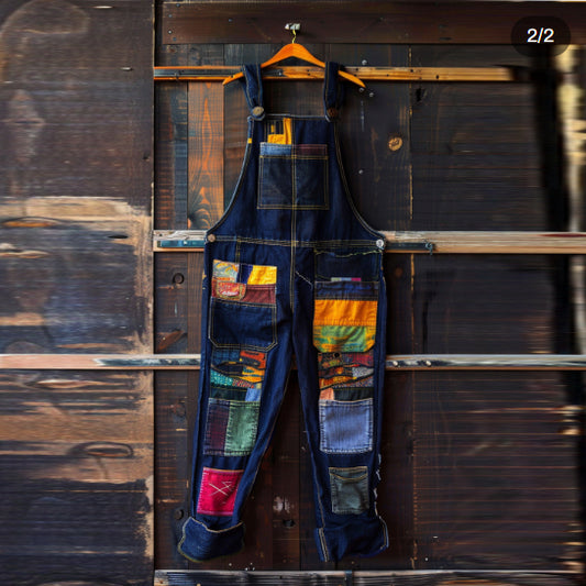 Combinaison en jean à imprimé patchwork vintage