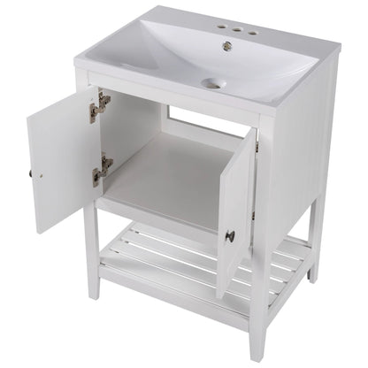 24" White Modern Sleek Bathroom Vanity Elegant Ceramic Sink with Solid Wood Frame Open Style Shelf by eprolo