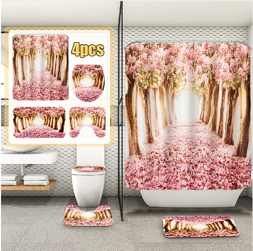 Arrivals Europe Pink Sakura Tree Pattern Bathroom Four-piece Suit,Shower Curtain Bathroom Pedestal Rug Lid Toilet Cover Bath Mat Set by eprolo