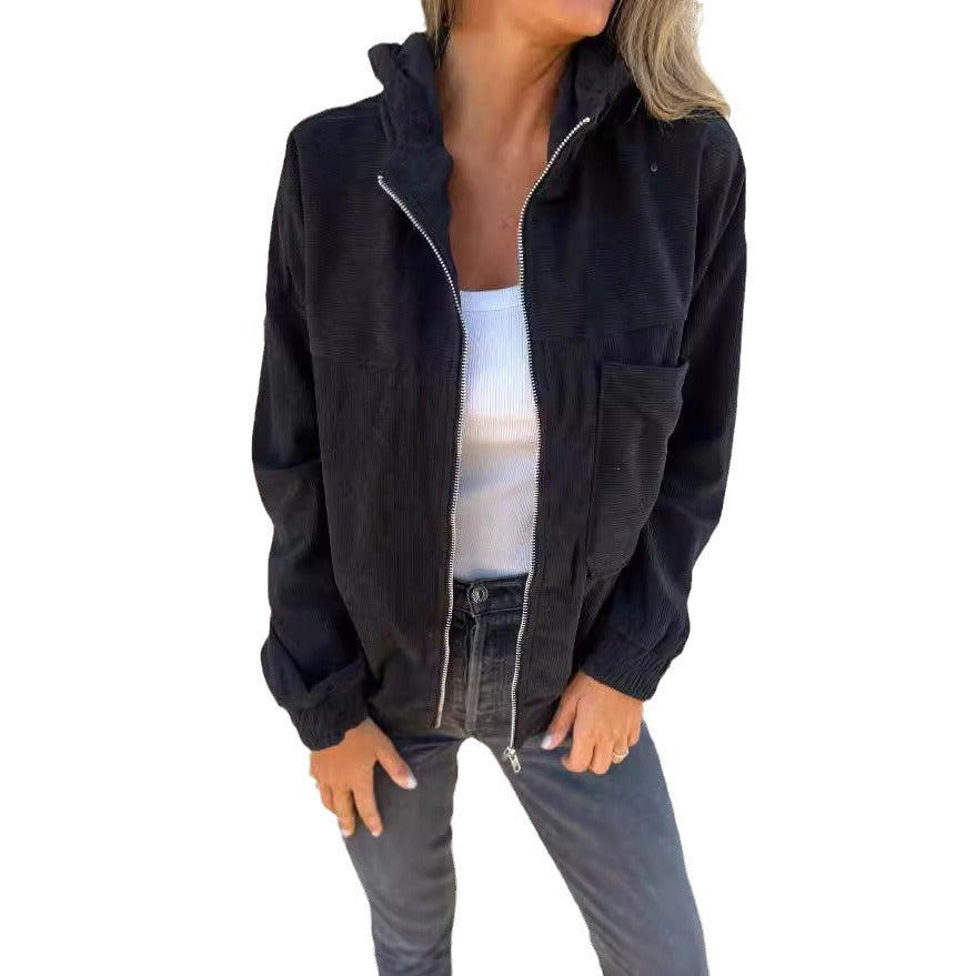 Women's Solid Color Simple Corduroy Hooded Jacket
