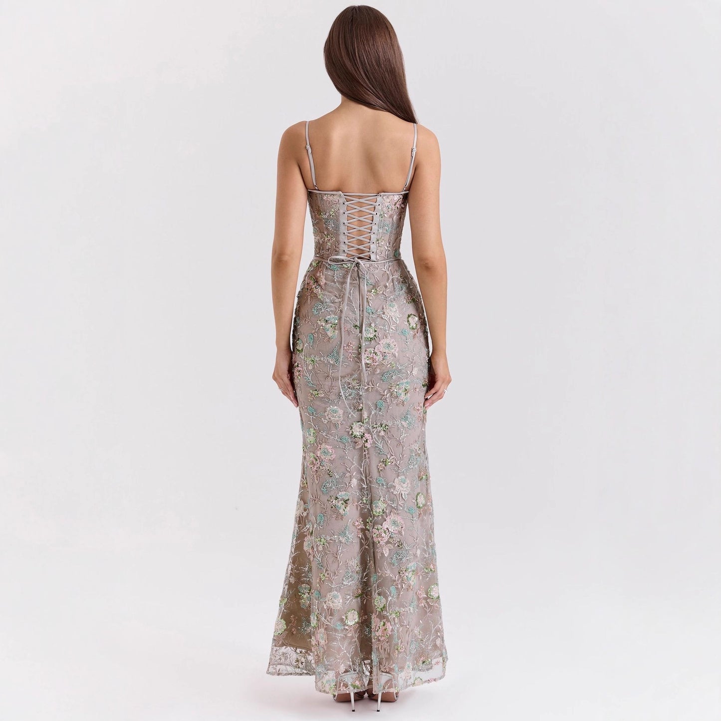 Vestido elegante y chic sin mangas con cuello bajo, espalda descubierta y cordones para mujer