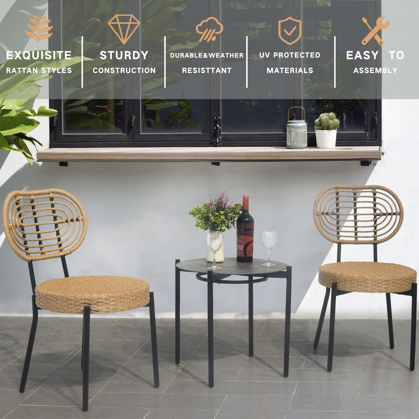 3 meubles de jardin de luxe en osier - Salon de bistrot d'extérieur avec table et chaises