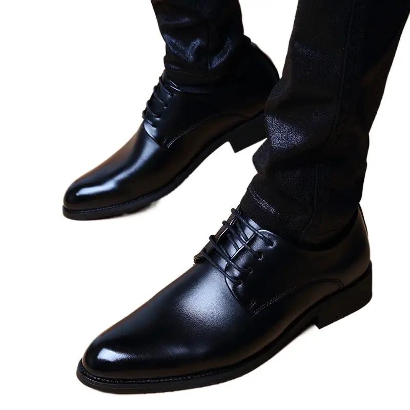 Mens British-style casual pointed-toe lace-up height-increasing shoes, black leather, AdTec