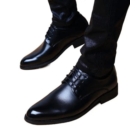 Mens British-style casual pointed-toe lace-up height-increasing shoes, black leather, AdTec