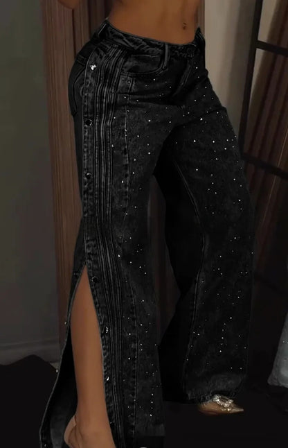 Button Polyester Rhinestone Fashion Jeans