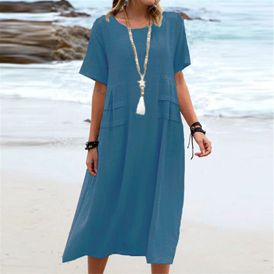 Vestido Midi Suelto Casual de Verano para Mujer de Lino y Algodón Transpirable de Manga Corta Vestidos de Longitud Media Vestido Sencillo de Playa para Mujer