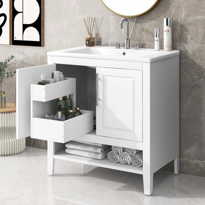 30" Bathroom Vanity with Sink Multi-functional Bathroom Cabinet with Doors and Drawers Solid Frame and MDF Board, White by eprolo