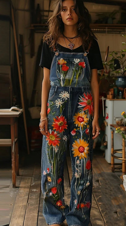 Combinaison en jean imprimée de fleurs végétales, style peinture à l'huile