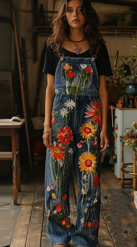 Mono vaquero con estampado floral de plantas y pintura al óleo