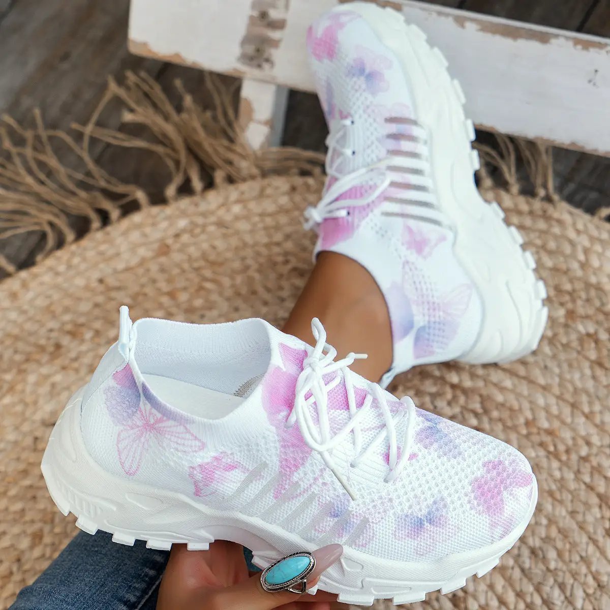 AdTec butterfly-print mesh sneakers for women, white athletic shoes with pastel pink and purple accents and chunky sole