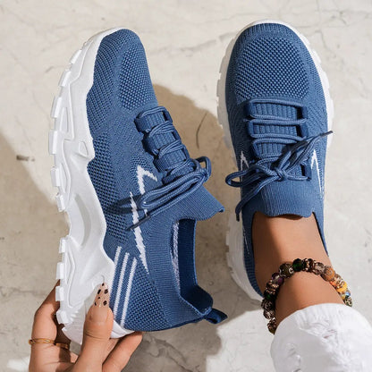 Women's casual lightweight knit sneakers in blue with white chunky soles, AdTec pair.