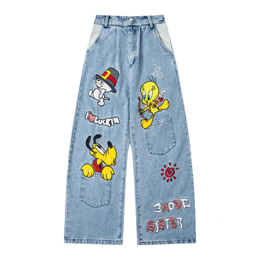 Jean en denim délavé brodé