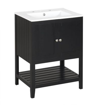 24" Black Modern Sleek Bathroom Vanity Elegant Ceramic Sink with Solid Wood Frame Open Style Shelf by eprolo