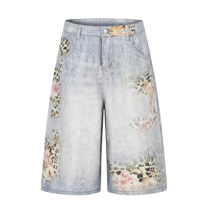 Leopard print denim mid-length pants for unisex, loose wide-leg with distressed washed finish.