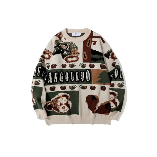 Men's retro color-block jacquard knit sweater, beige with bear-print patches, long sleeves, cotton
