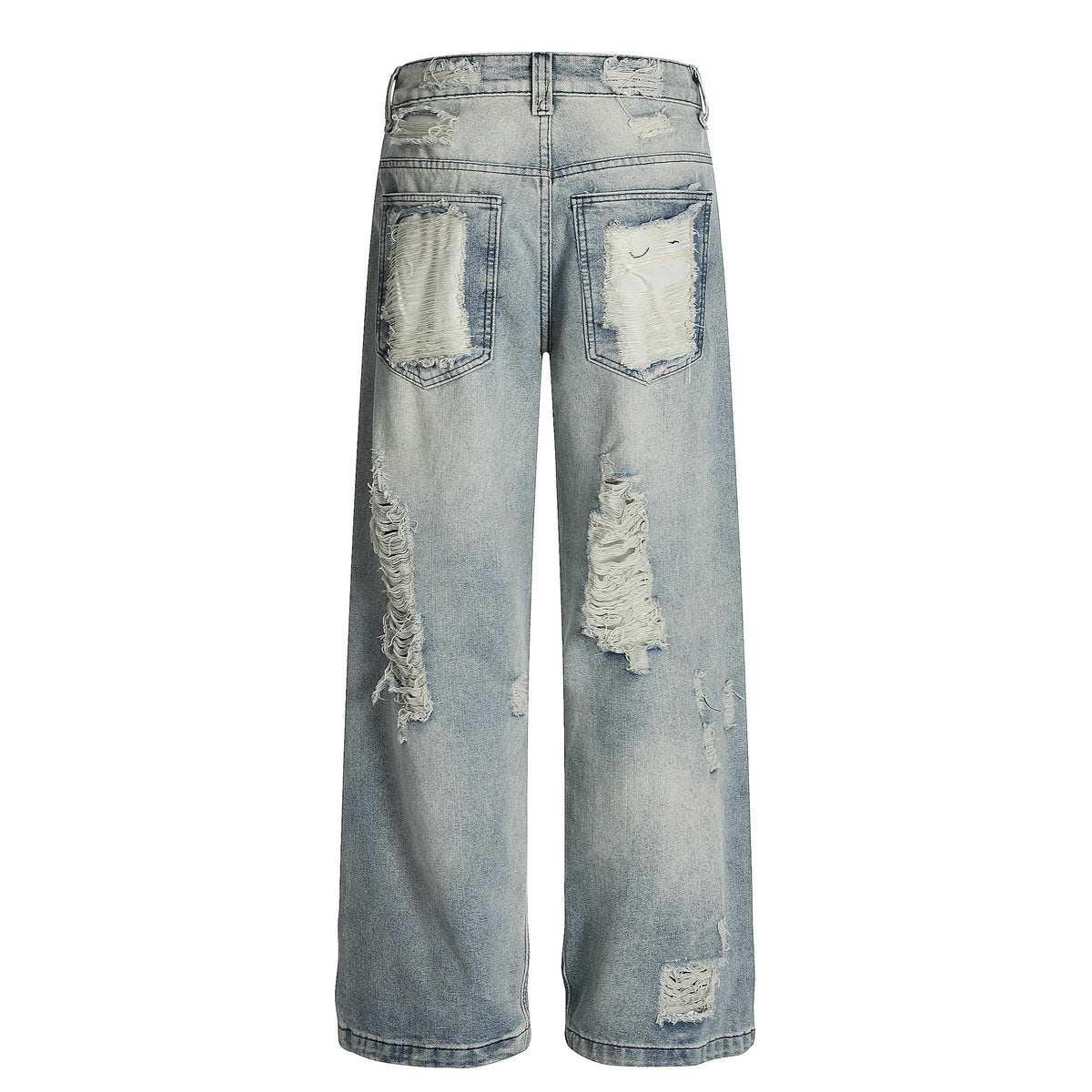 eprolo distressed wide-leg denim jeans, light washed with heavy rips on back pockets and legs, unisex oversized.