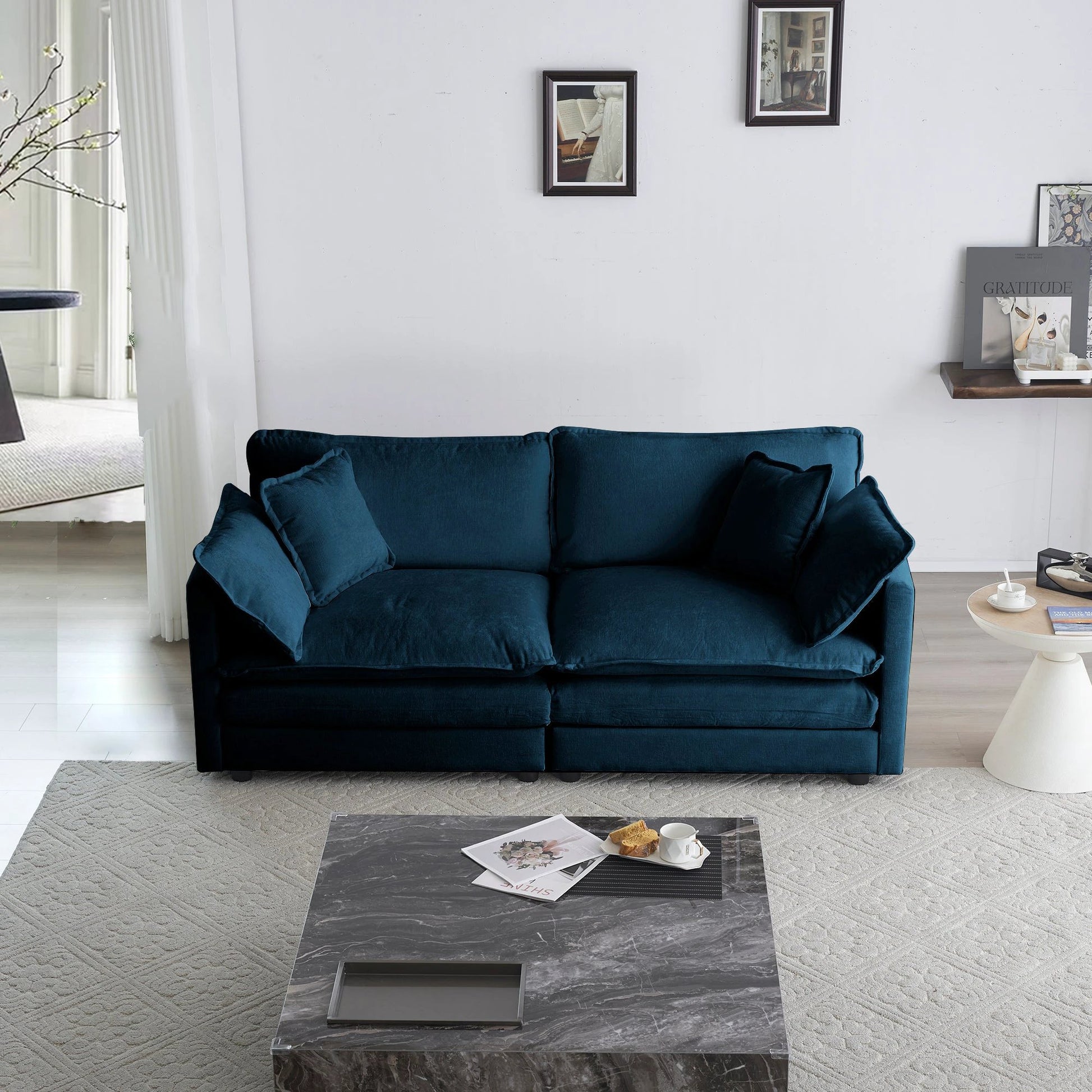 Modern Fabric Loveseat Sofa Couch for Living Room, Upholstered Large Size Deep Seat 2-Seat Sofa with 4 Pillows ,Blue Chenille by eprolo