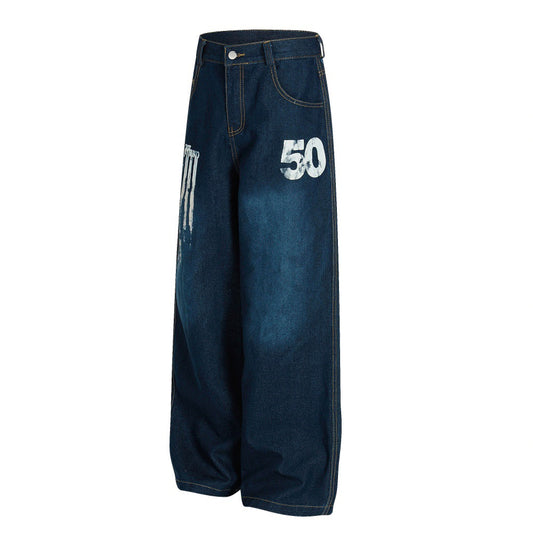 Pantalon large en jean imprimé et peint