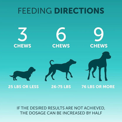 Pet Intestinal Probiotic Chewable Tablets by AdTec; feeding directions with 3, 6, 9 chews for dogs by weight.