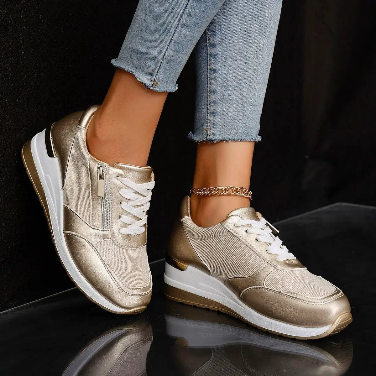 Women's metallic gold lace-up sneakers with side zipper and thick white sole, AdTec