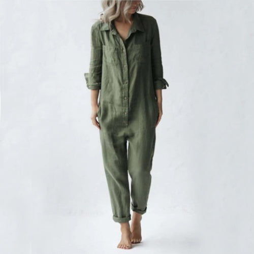 Mono casual de manga larga con bolsillos, mono holgado de moda con solapa y botones, pantalones de ropa para mujer