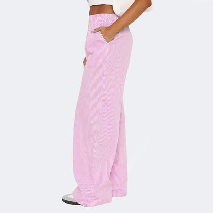 Pantalon rayé avec poches, pantalon décontracté et ample à jambe droite pour femmes