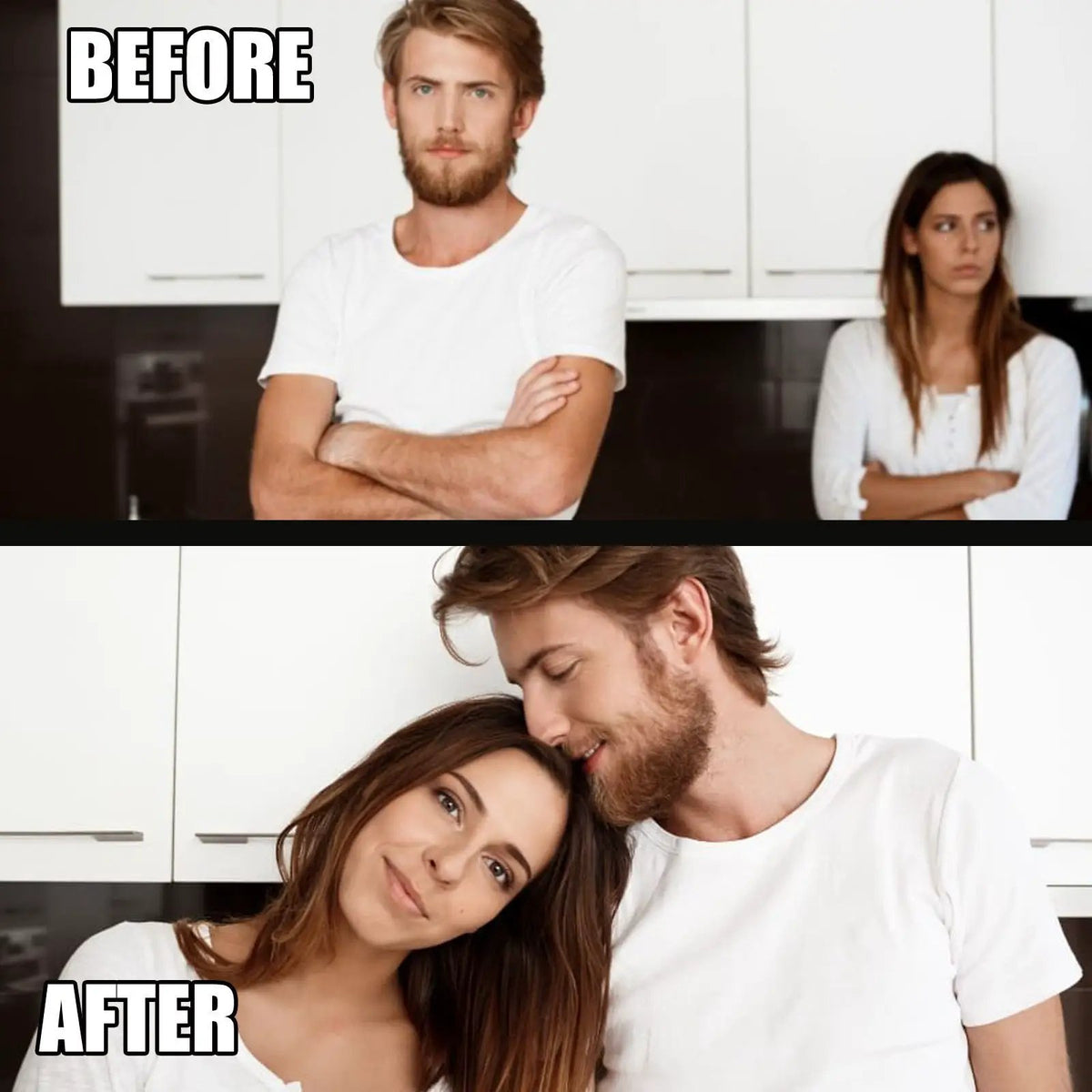 Magnetic Pheromone Perfume - couple in white shirts in a modern kitchen (before/after collage)