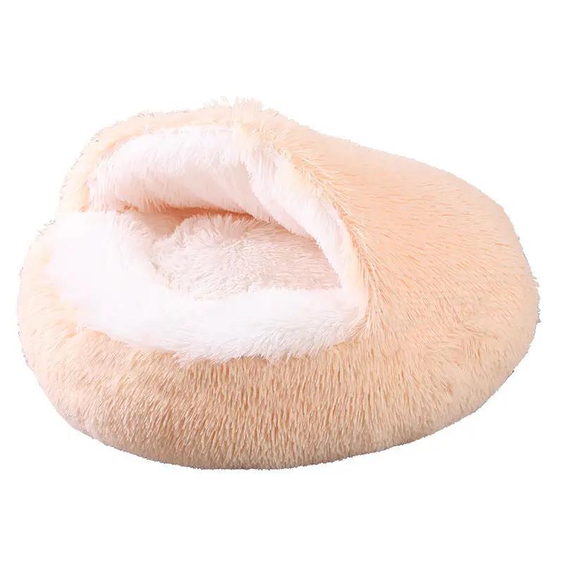 Deep Sleep donut pet bed, peach plush with white interior