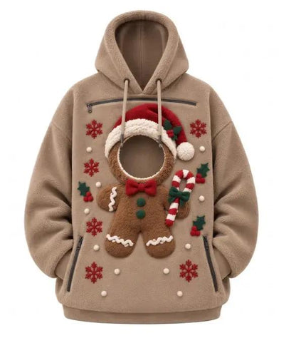 Pet Christmas 3D Printed Hooded Pullover Sweatshirt in tan with gingerbread man applique and candy cane accents