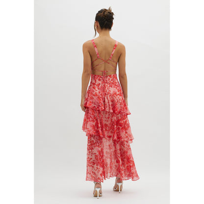 Vestido de mujer con estampado floral, tirantes finos, espalda descubierta y cuello en V de múltiples capas
