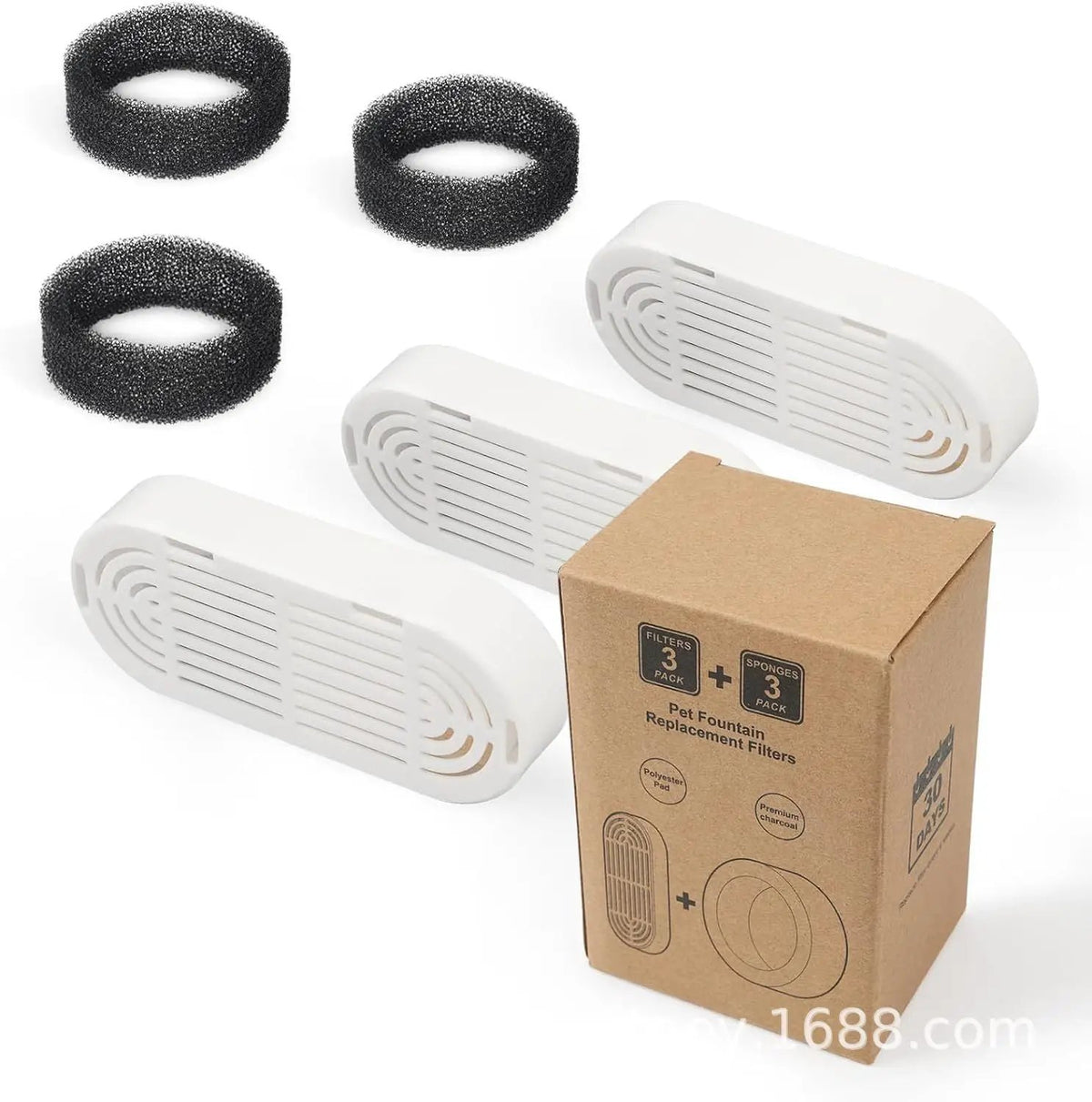 Pet fountain filter kit by AdTec; 3 white plastic housings with 3 black foam rings in box